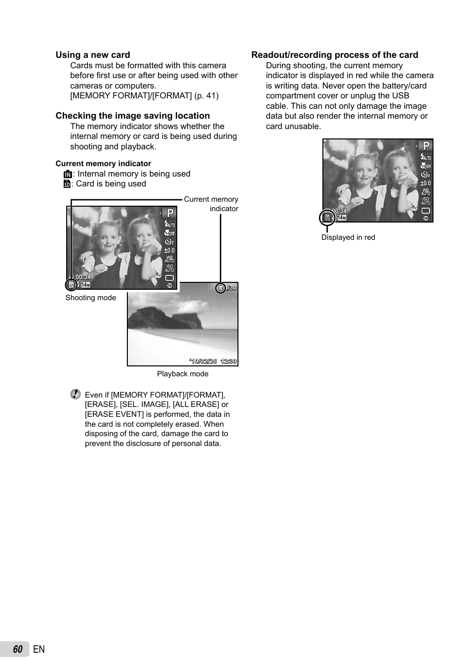 60 en, Using a new card, Checking the image saving location | Readout/recording process of the card | Olympus SP-800UZ User Manual | Page 60 / 73