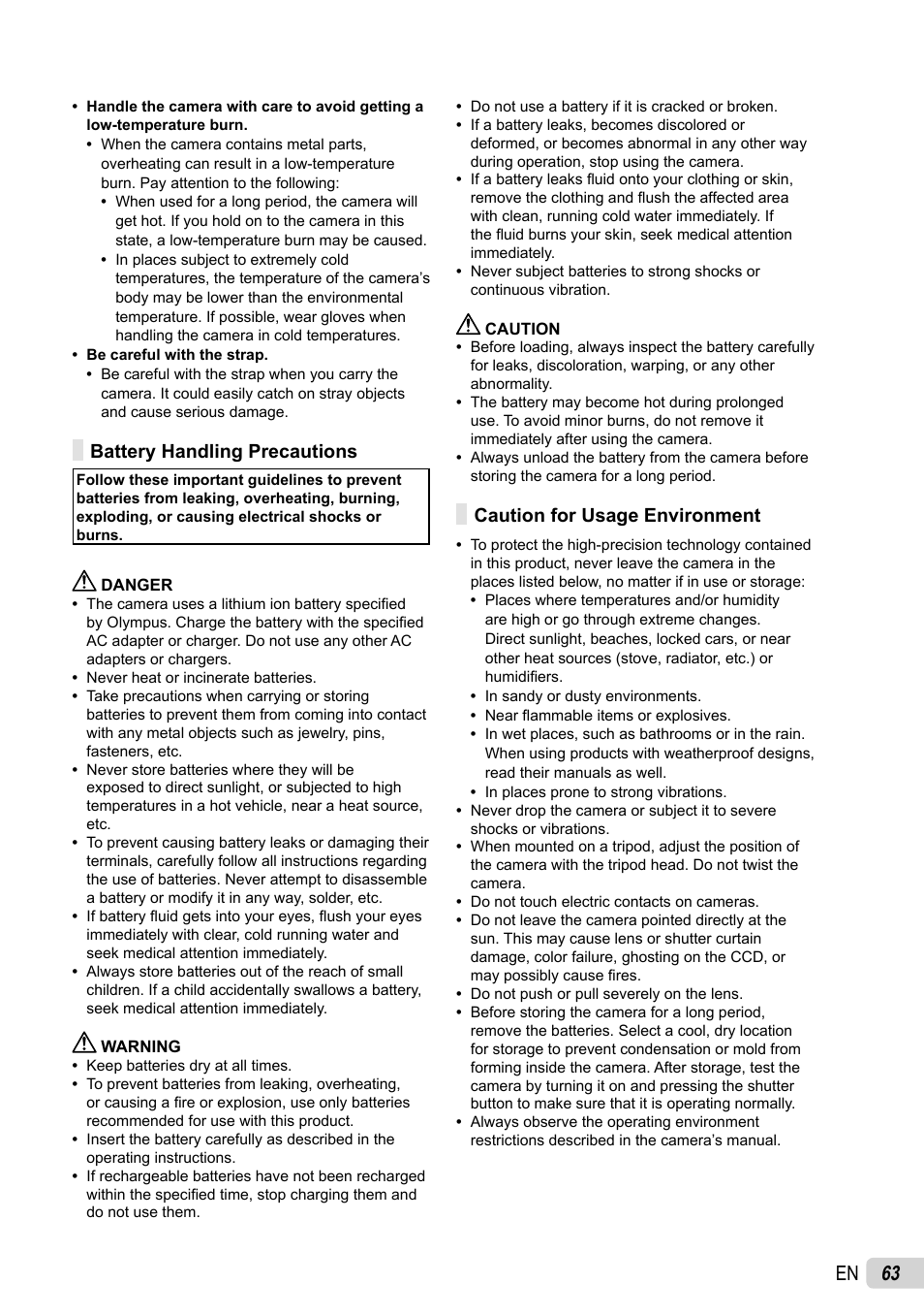 63 en, Battery handling precautions, Caution for usage environment | Olympus SP-800UZ User Manual | Page 63 / 73