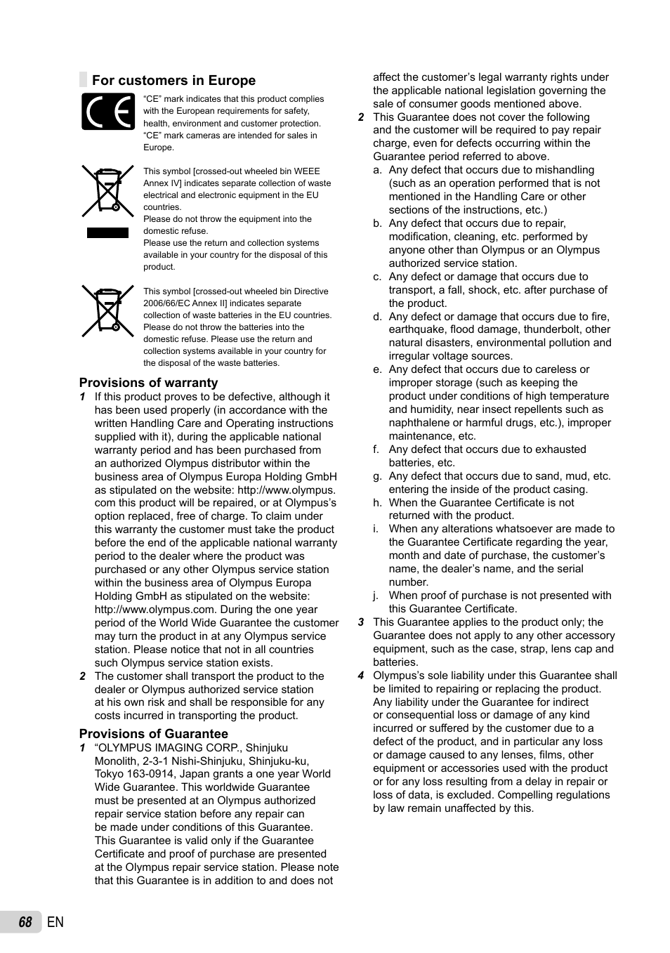 68 en, For customers in europe | Olympus SP-800UZ User Manual | Page 68 / 73