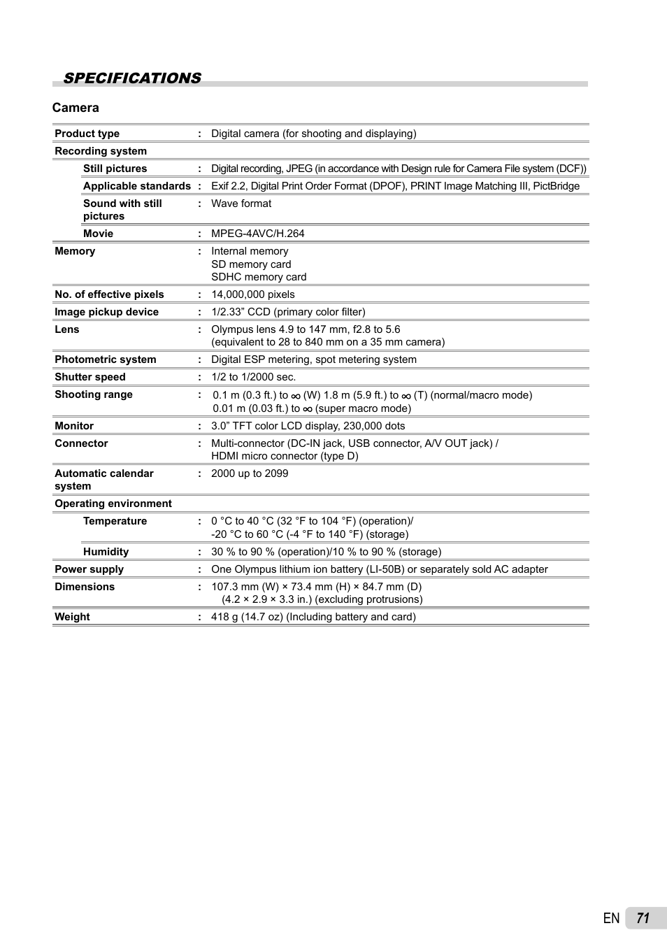 71 en specifications | Olympus SP-800UZ User Manual | Page 71 / 73