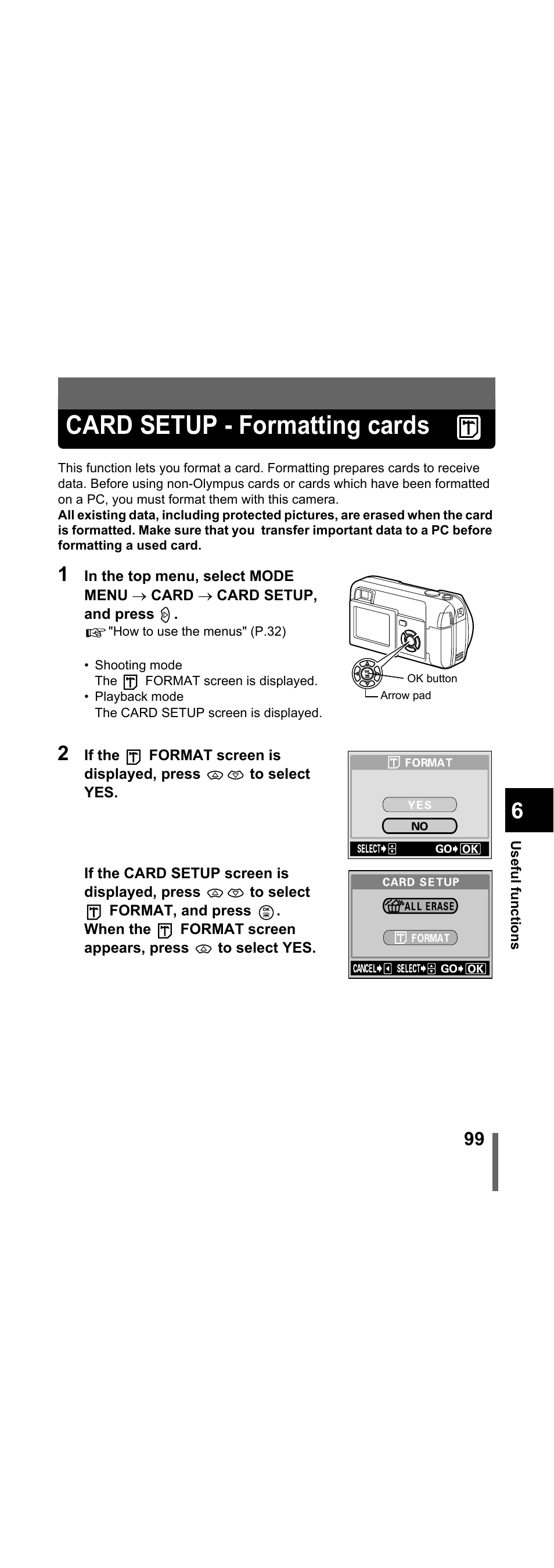 Card setup - formatting cards, P.99 | Olympus X-300 EN User Manual | Page 100 / 171