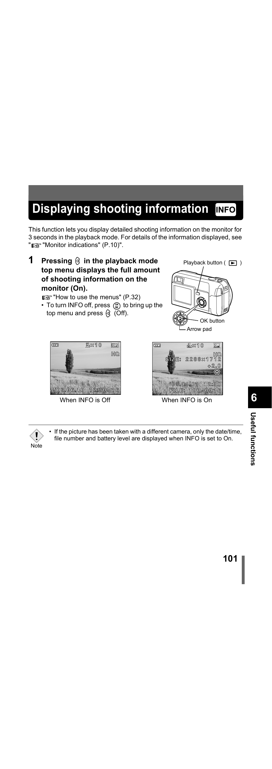 Displaying shooting information, Displaying shooting information" (p.101), P.101 | Olympus X-300 EN User Manual | Page 102 / 171
