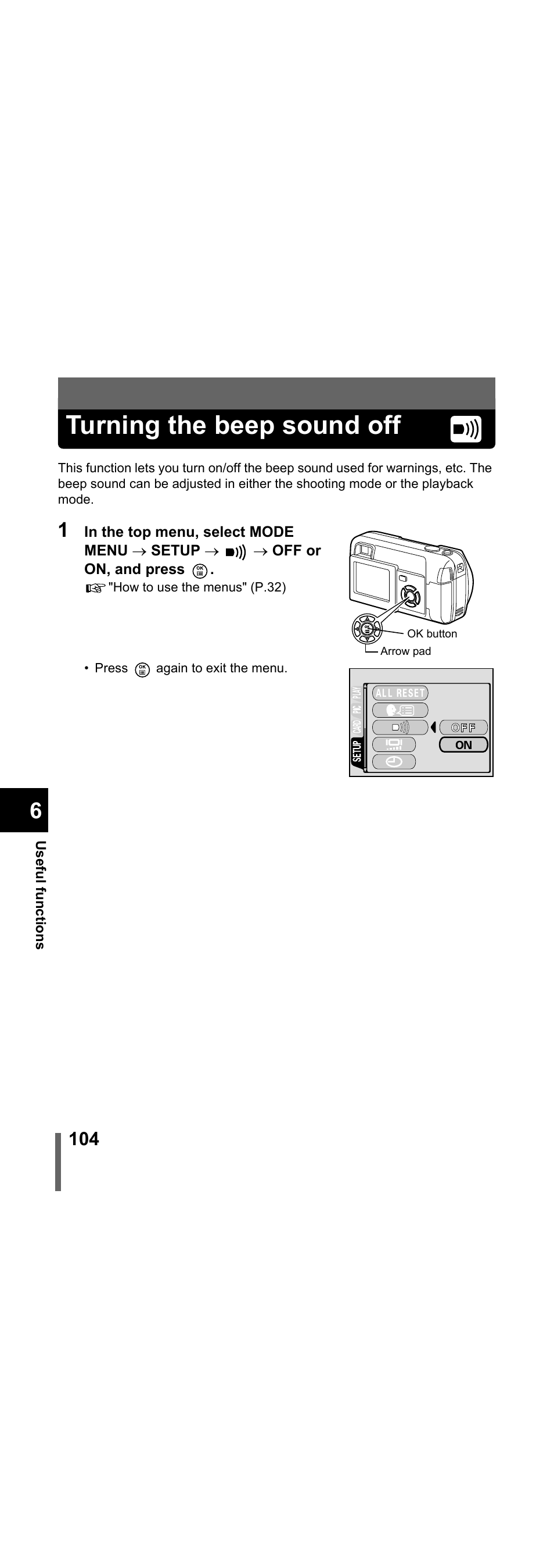 Turning the beep sound off, P.104 | Olympus X-300 EN User Manual | Page 105 / 171