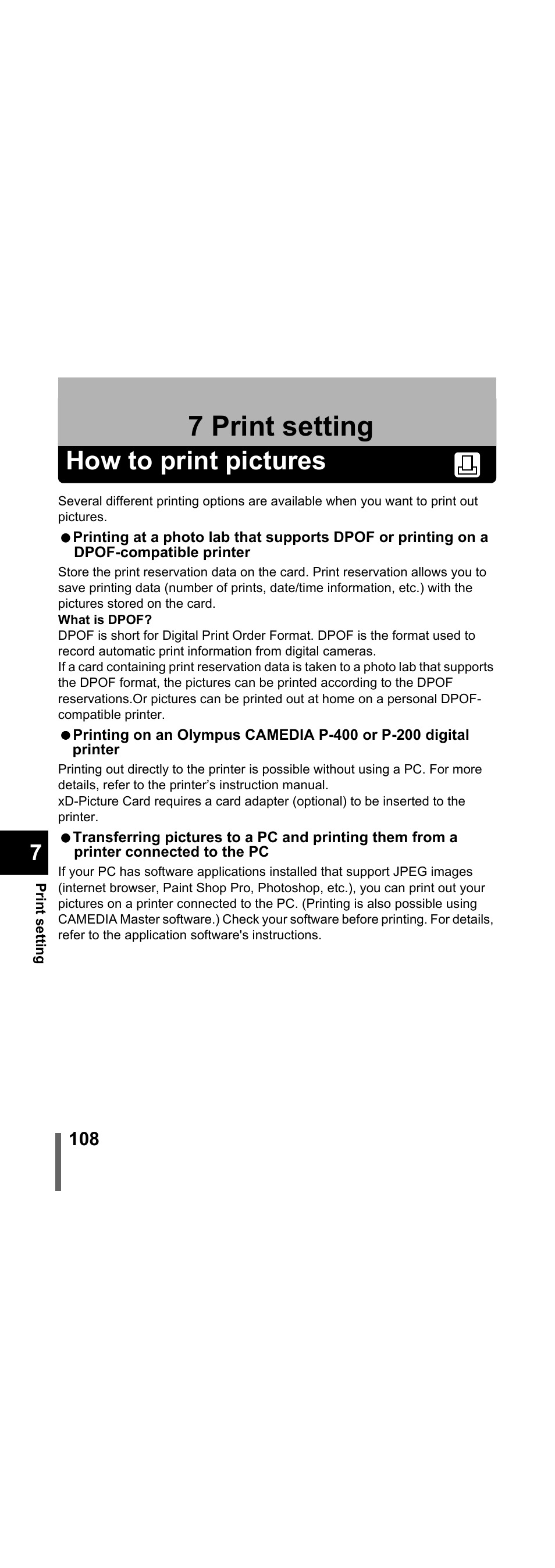 7 print setting, How to print pictures, P.108 | Print setting | Olympus X-300 EN User Manual | Page 109 / 171