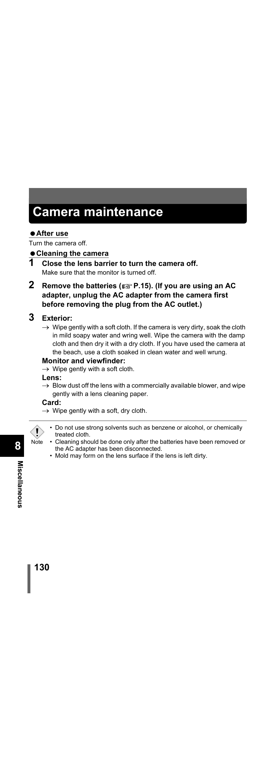 Camera maintenance | Olympus X-300 EN User Manual | Page 131 / 171