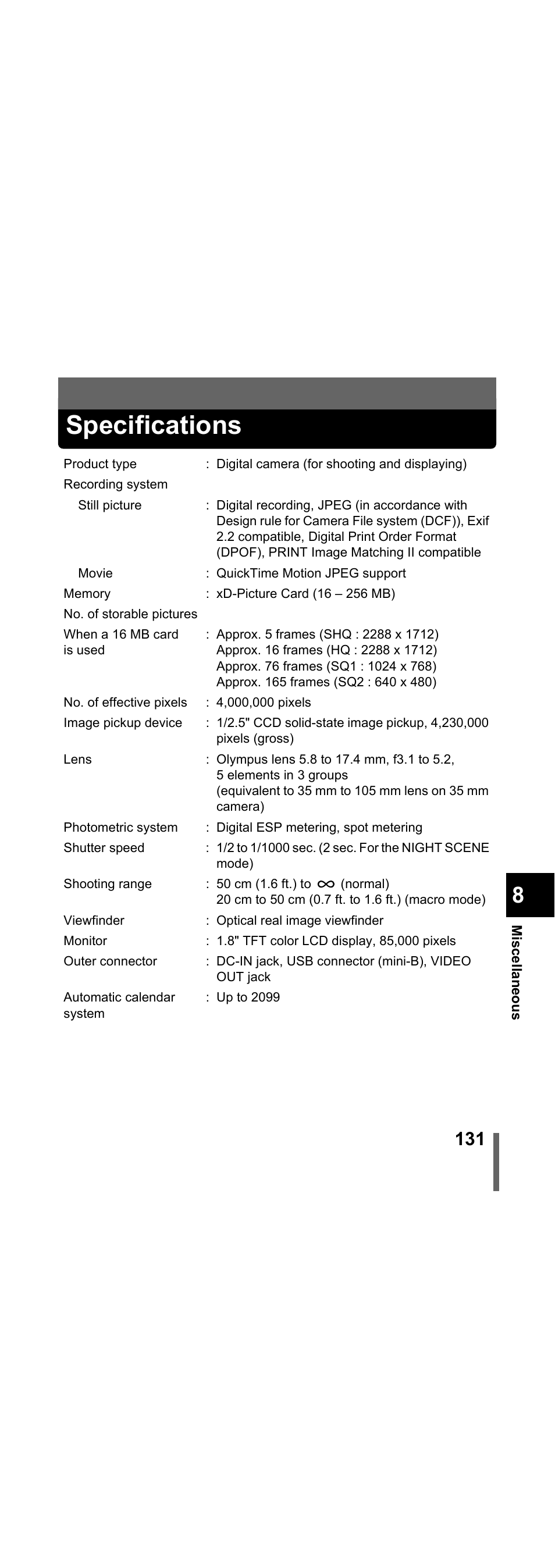 Specifications, P.131 | Olympus X-300 EN User Manual | Page 132 / 171