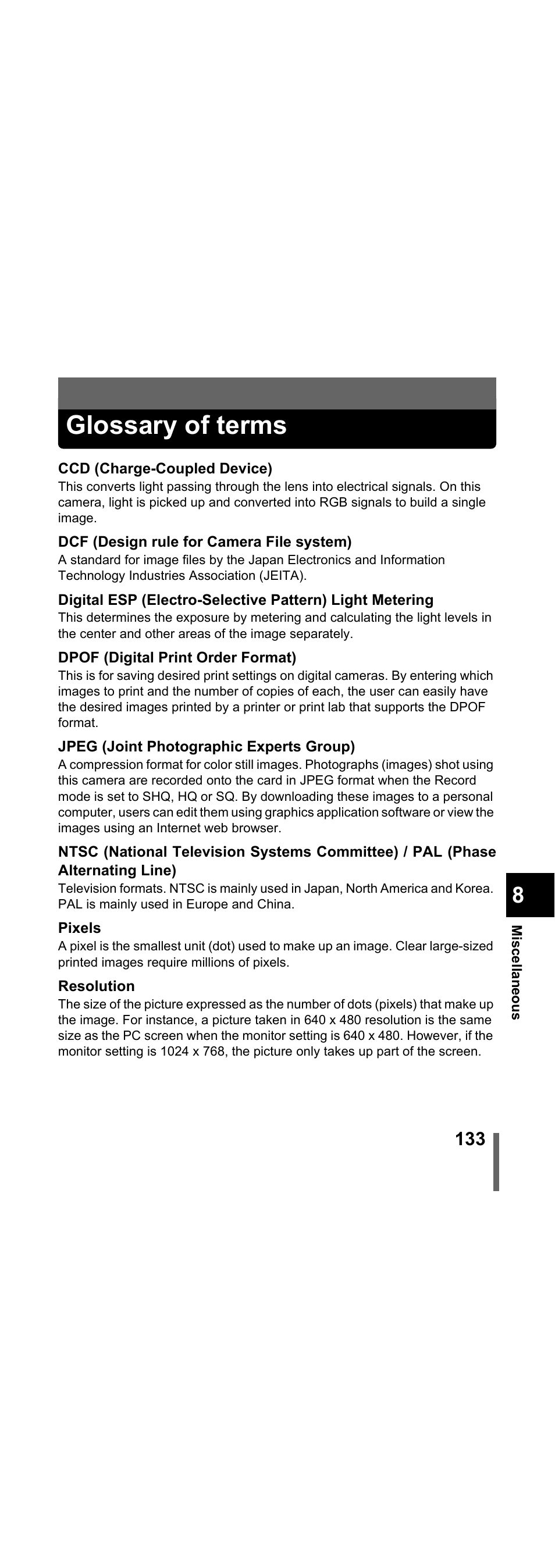 Glossary of terms, P.133 | Olympus X-300 EN User Manual | Page 134 / 171