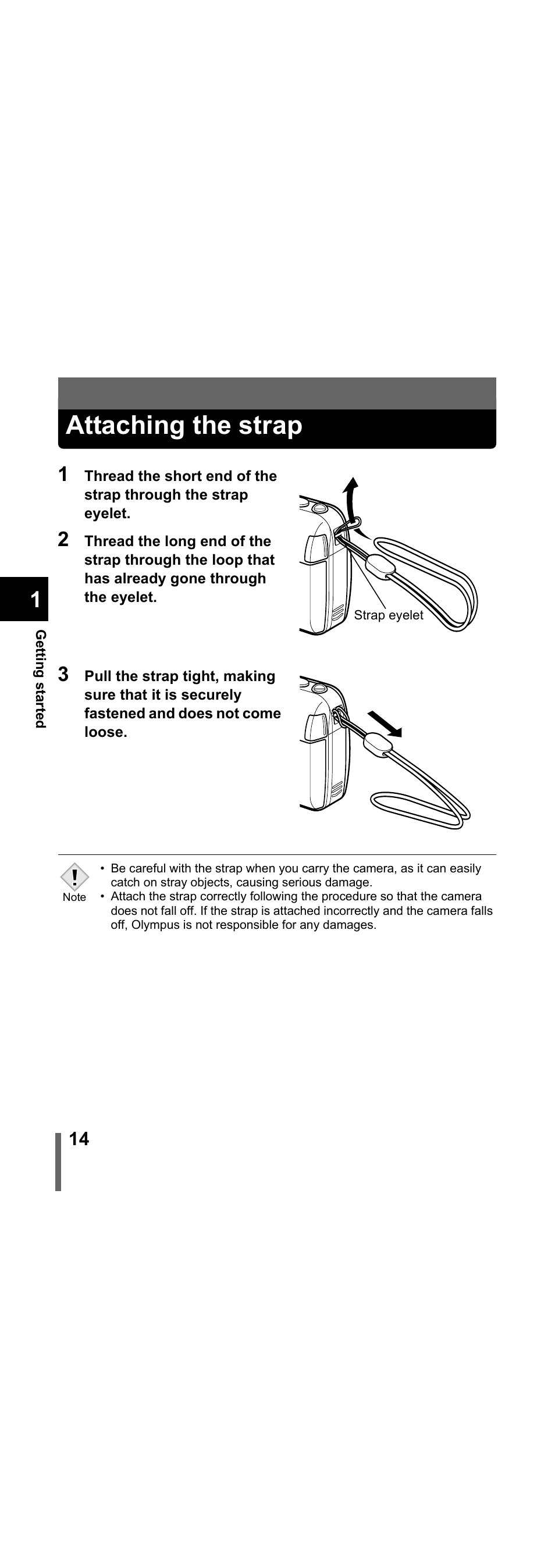 Attaching the strap, P.14 | Olympus X-300 EN User Manual | Page 15 / 171