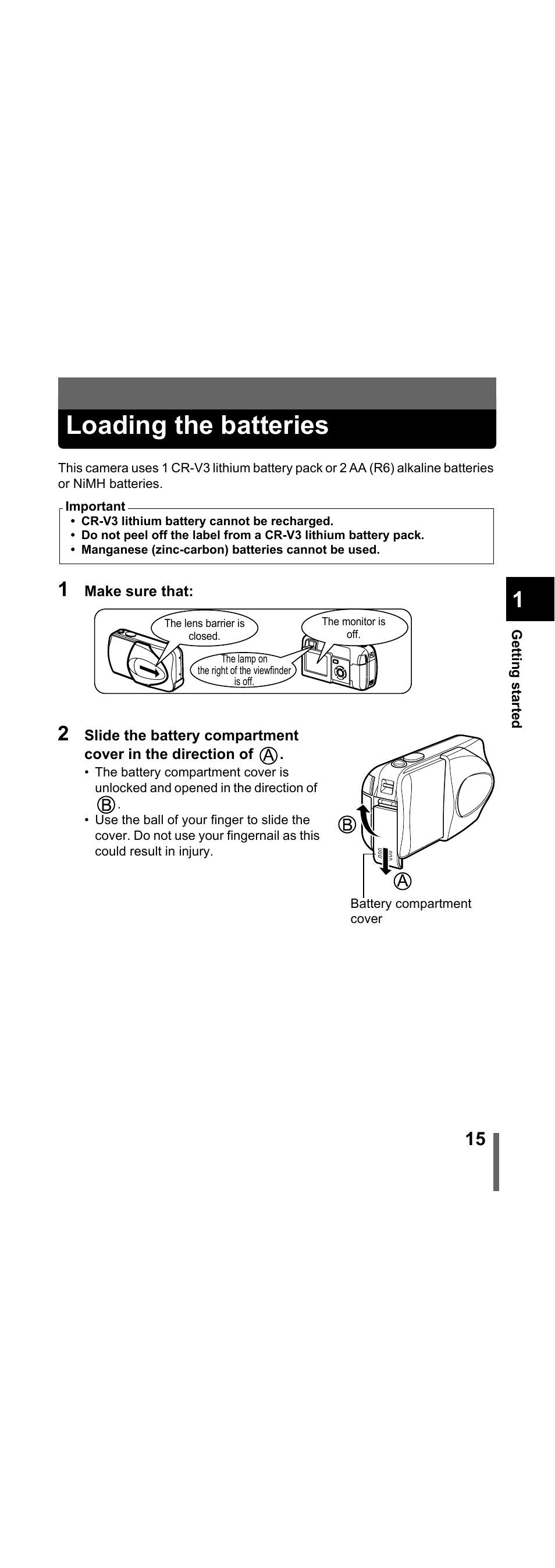 Loading the batteries, P.15 | Olympus X-300 EN User Manual | Page 16 / 171