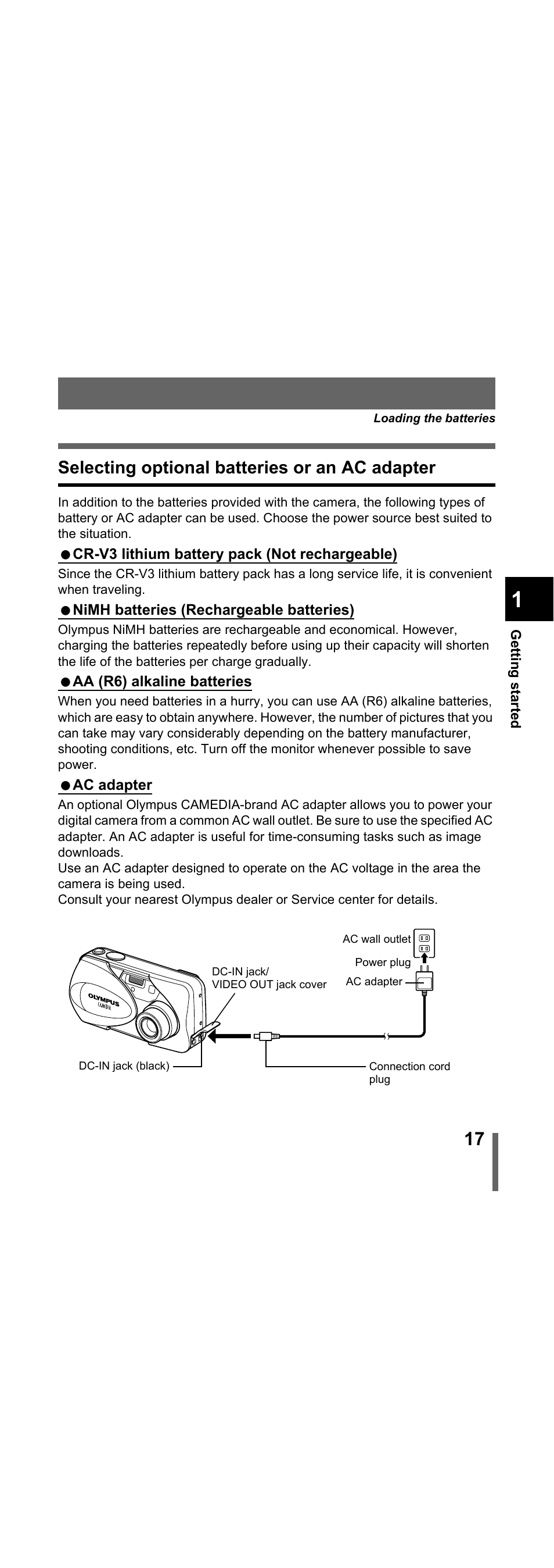 Selecting optional batteries or an ac adapter, P.17 | Olympus X-300 EN User Manual | Page 18 / 171