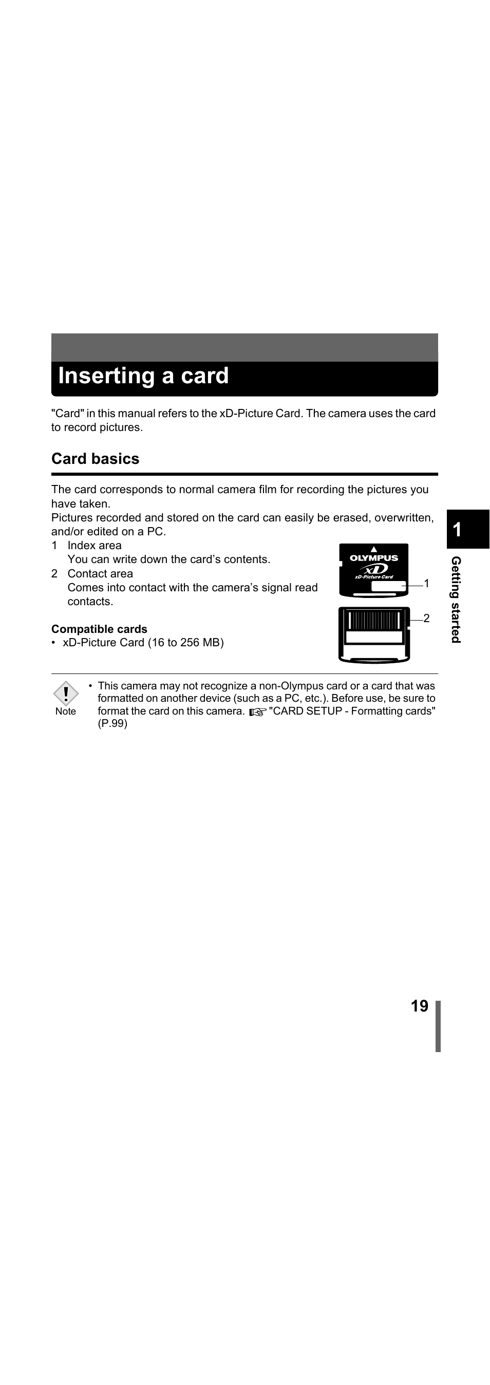 Inserting a card, Card basics | Olympus X-300 EN User Manual | Page 20 / 171
