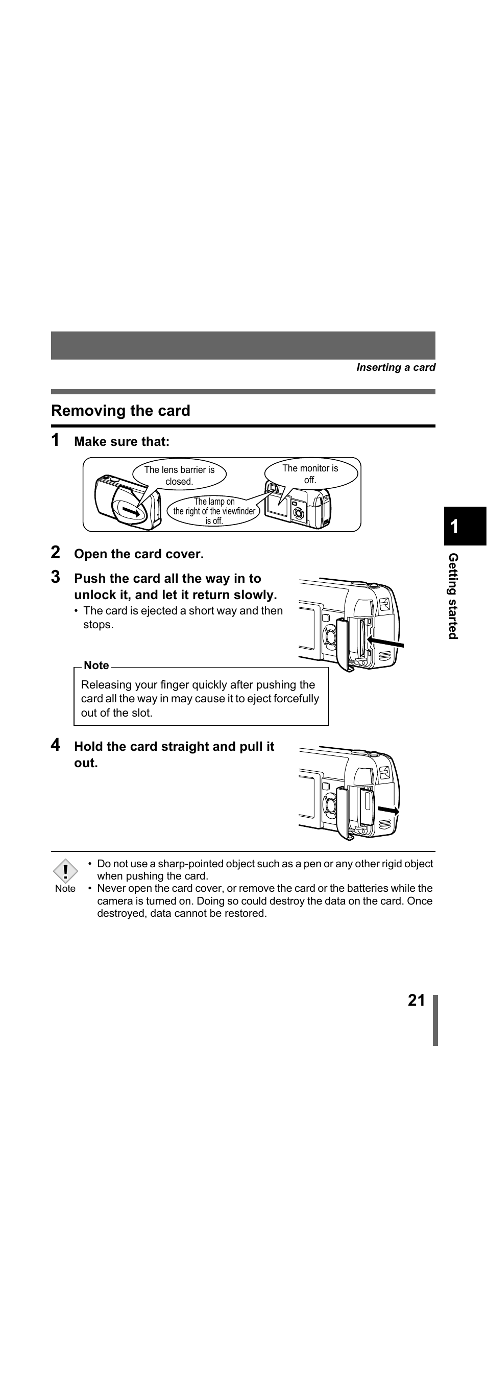 Removing the card | Olympus X-300 EN User Manual | Page 22 / 171