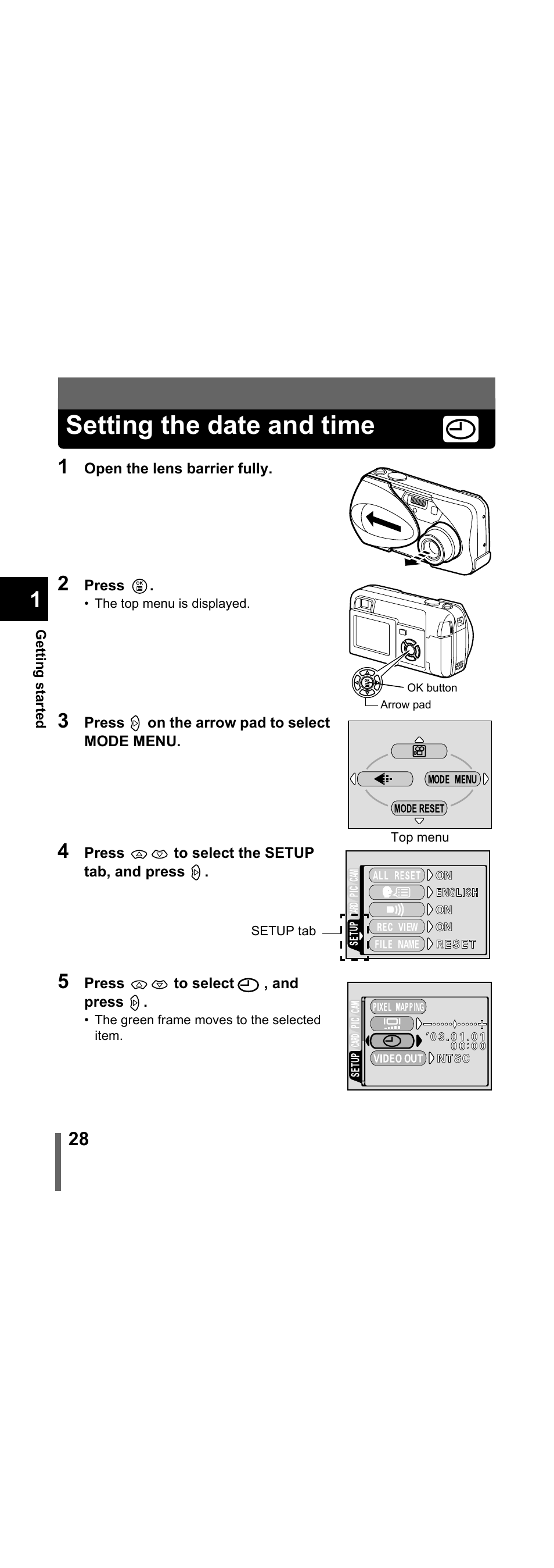 Setting the date and time, P.28 | Olympus X-300 EN User Manual | Page 29 / 171