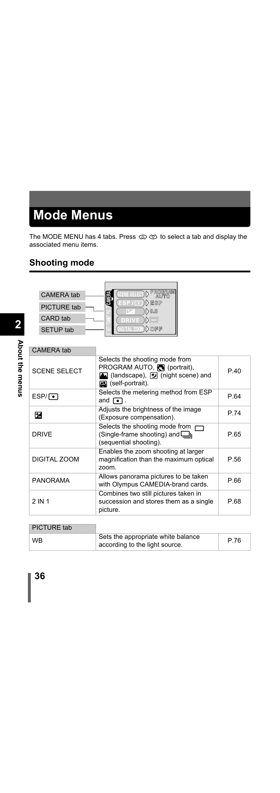 Mode menus, Shooting mode | Olympus X-300 EN User Manual | Page 37 / 171