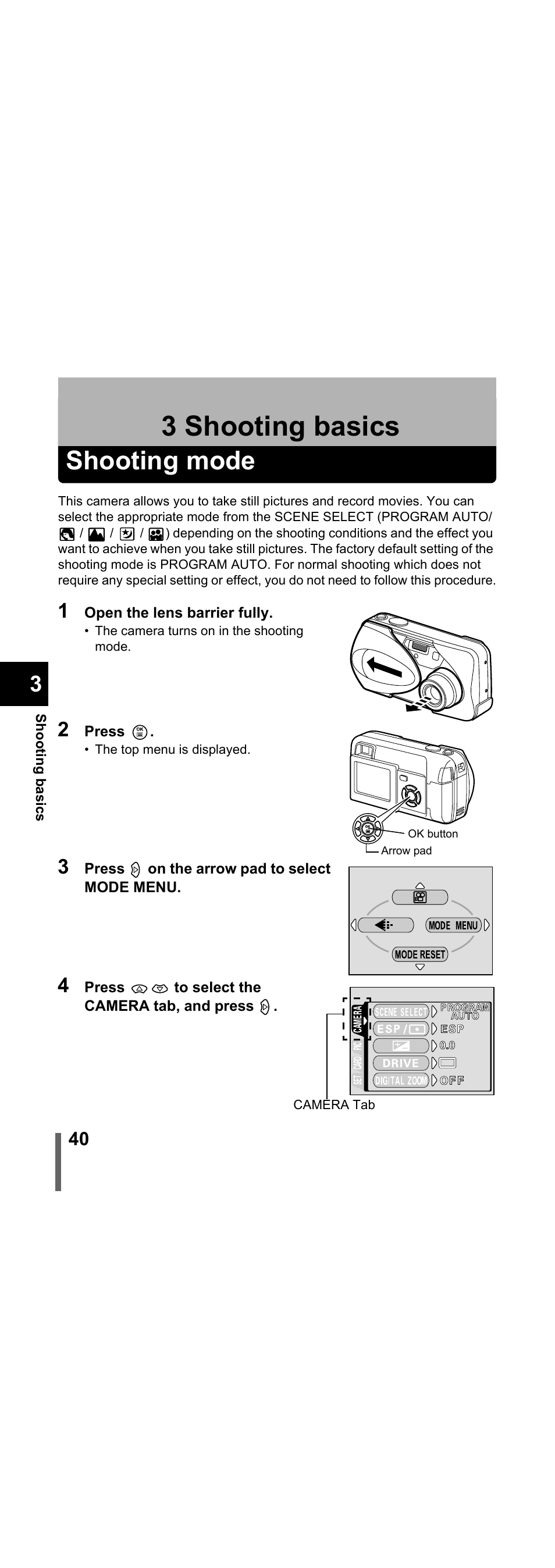 3 shooting basics, Shooting mode, Shooting basics | P.40 | Olympus X-300 EN User Manual | Page 41 / 171