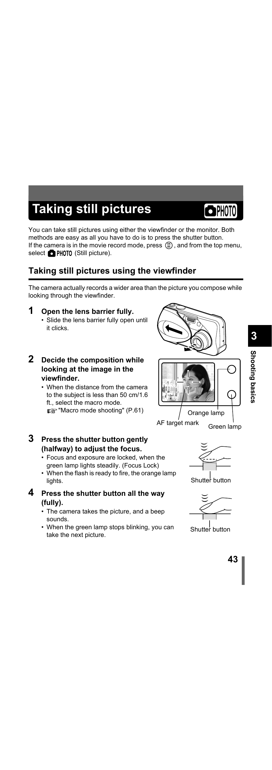 Taking still pictures, Taking still pictures using the viewfinder, P.43 | Olympus X-300 EN User Manual | Page 44 / 171