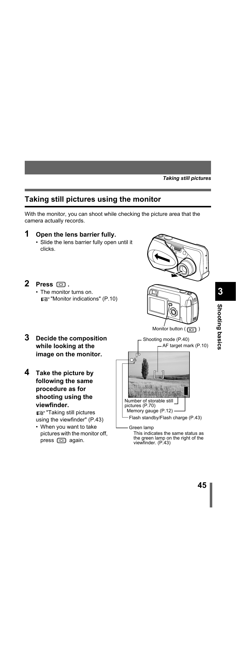 Taking still pictures using the monitor, P.45 | Olympus X-300 EN User Manual | Page 46 / 171