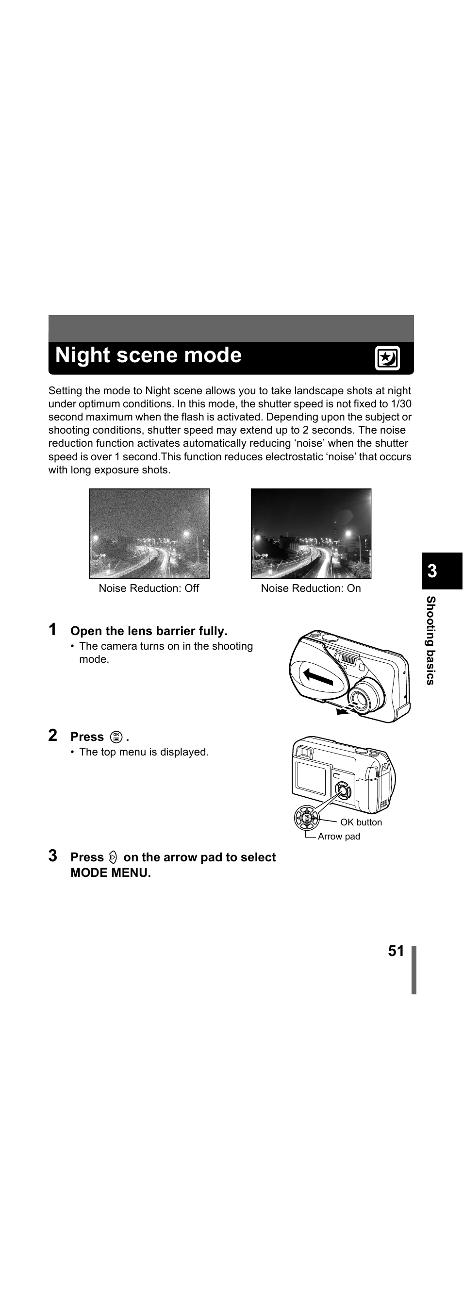 Night scene mode, Night scene, Mode" (p.51) | Olympus X-300 EN User Manual | Page 52 / 171