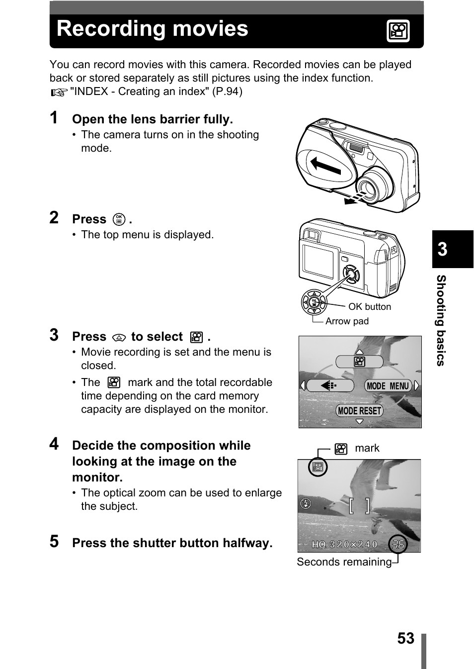 Recording movies, P.53 | Olympus X-300 EN User Manual | Page 54 / 171