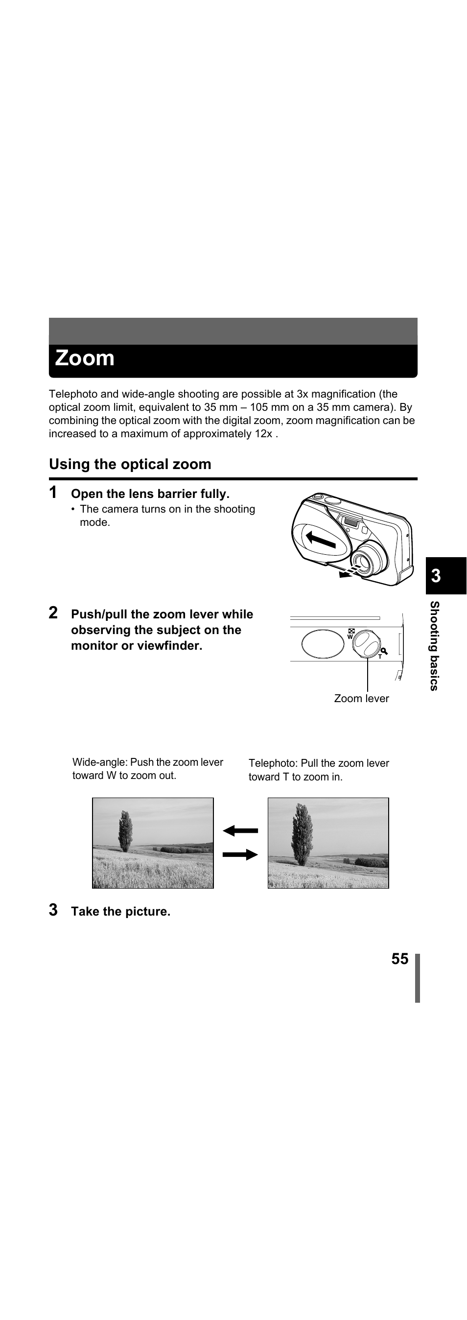 Zoom, Using the optical zoom, P.55 | Olympus X-300 EN User Manual | Page 56 / 171