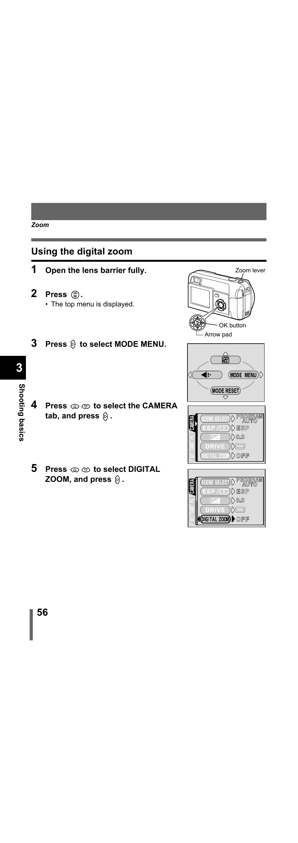 Using the digital zoom, P.56 | Olympus X-300 EN User Manual | Page 57 / 171