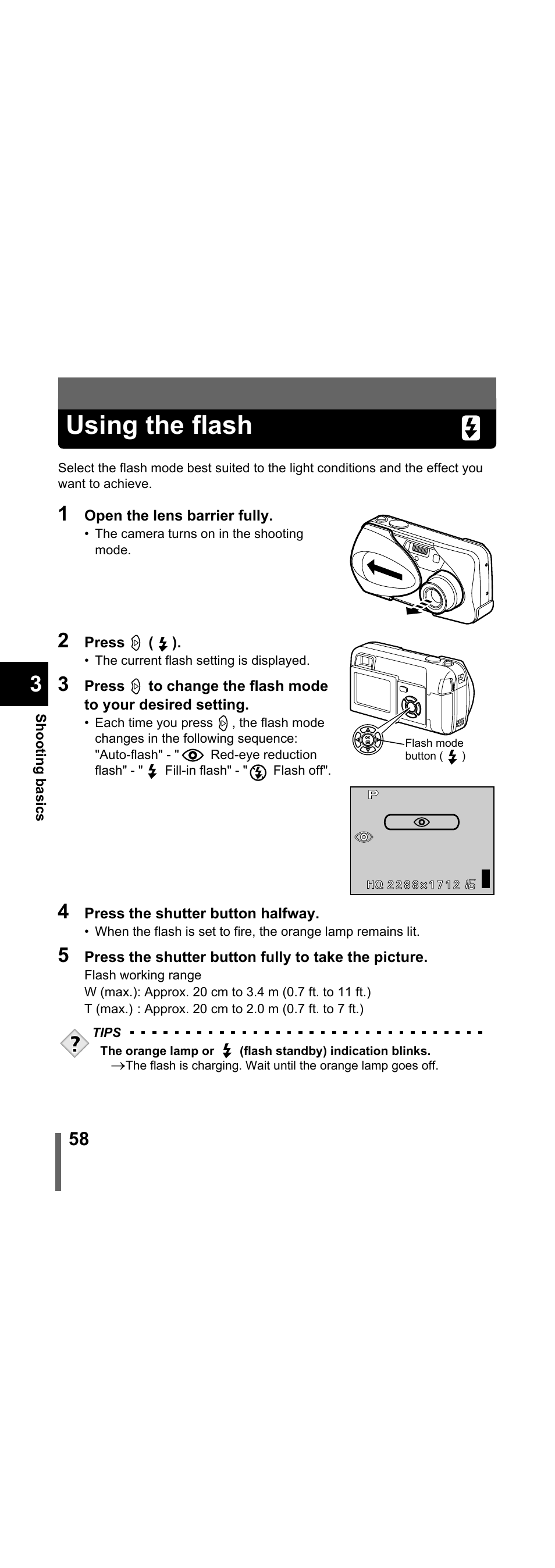 Using the flash, P.58 | Olympus X-300 EN User Manual | Page 59 / 171