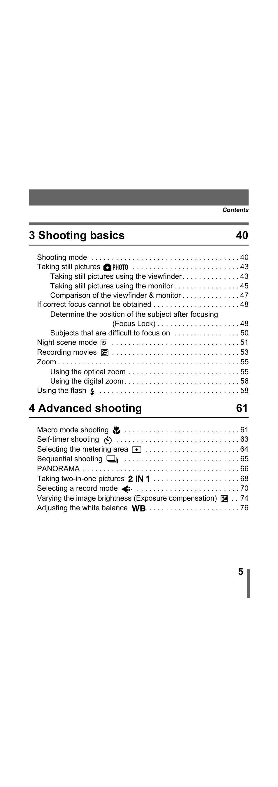 3 shooting basics 40, 4 advanced shooting 61 | Olympus X-300 EN User Manual | Page 6 / 171