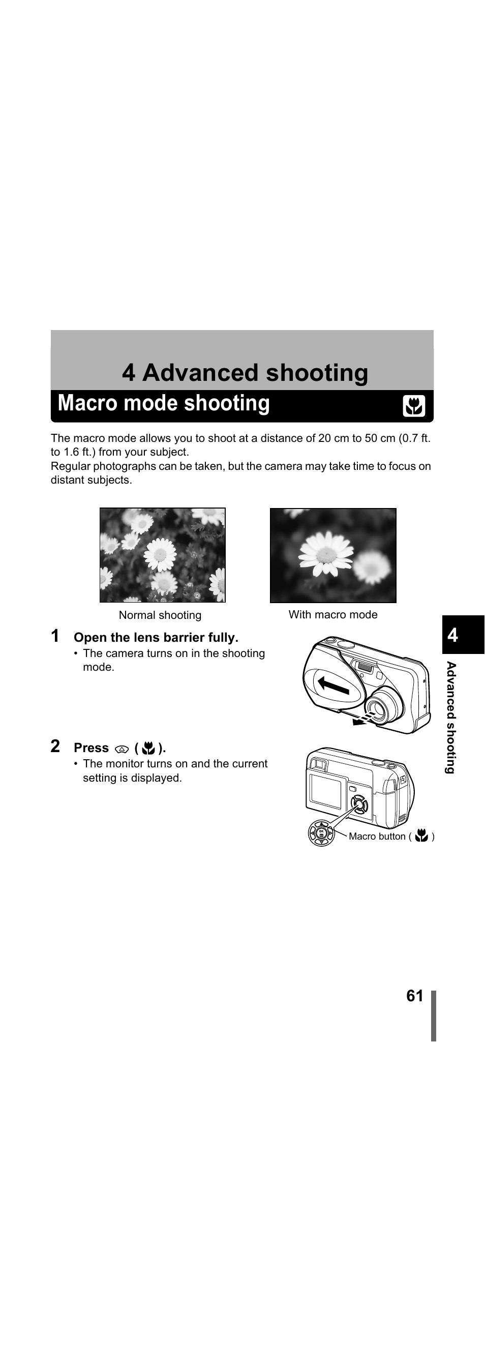 4 advanced shooting, Macro mode shooting, Advanced shooting | P.61, Macro mode shooting" (p.61) | Olympus X-300 EN User Manual | Page 62 / 171
