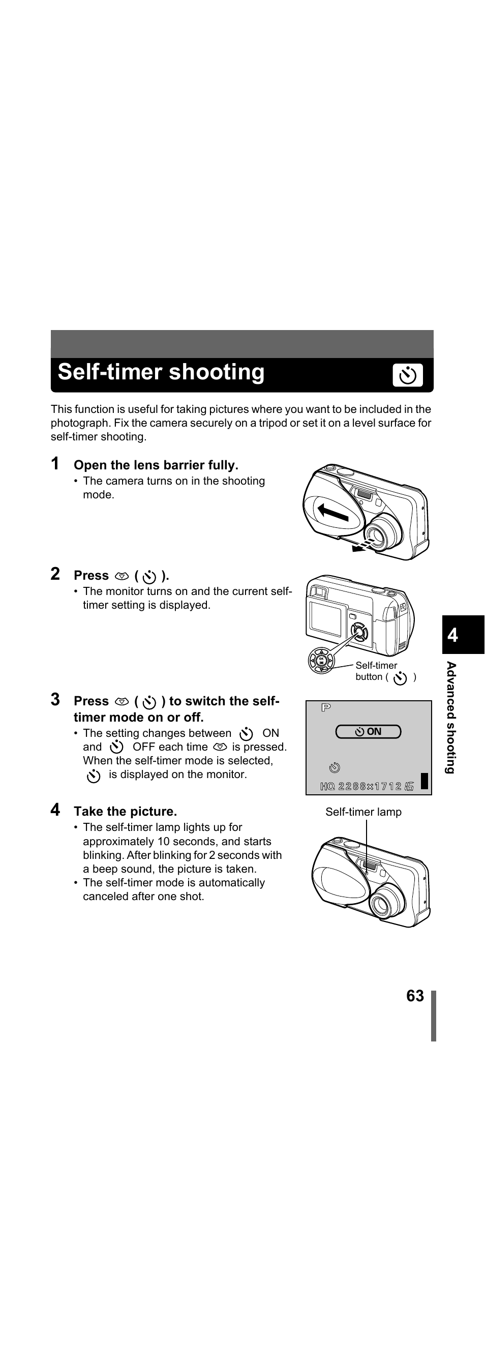 Self-timer shooting, P.63 | Olympus X-300 EN User Manual | Page 64 / 171