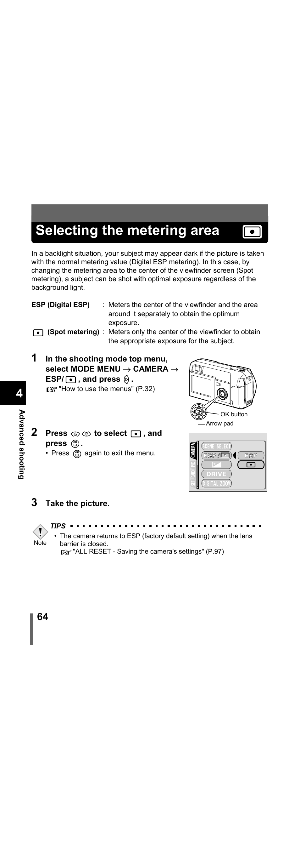 Selecting the metering area, P.64 | Olympus X-300 EN User Manual | Page 65 / 171