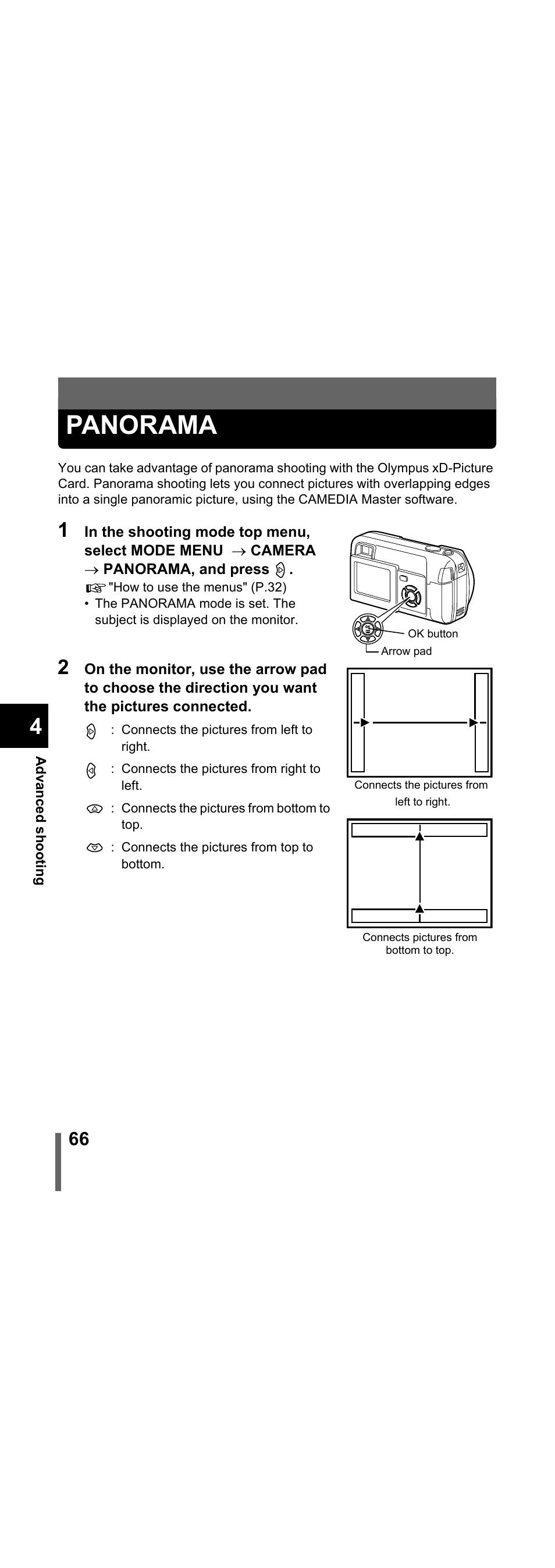 Panorama, P.66 | Olympus X-300 EN User Manual | Page 67 / 171