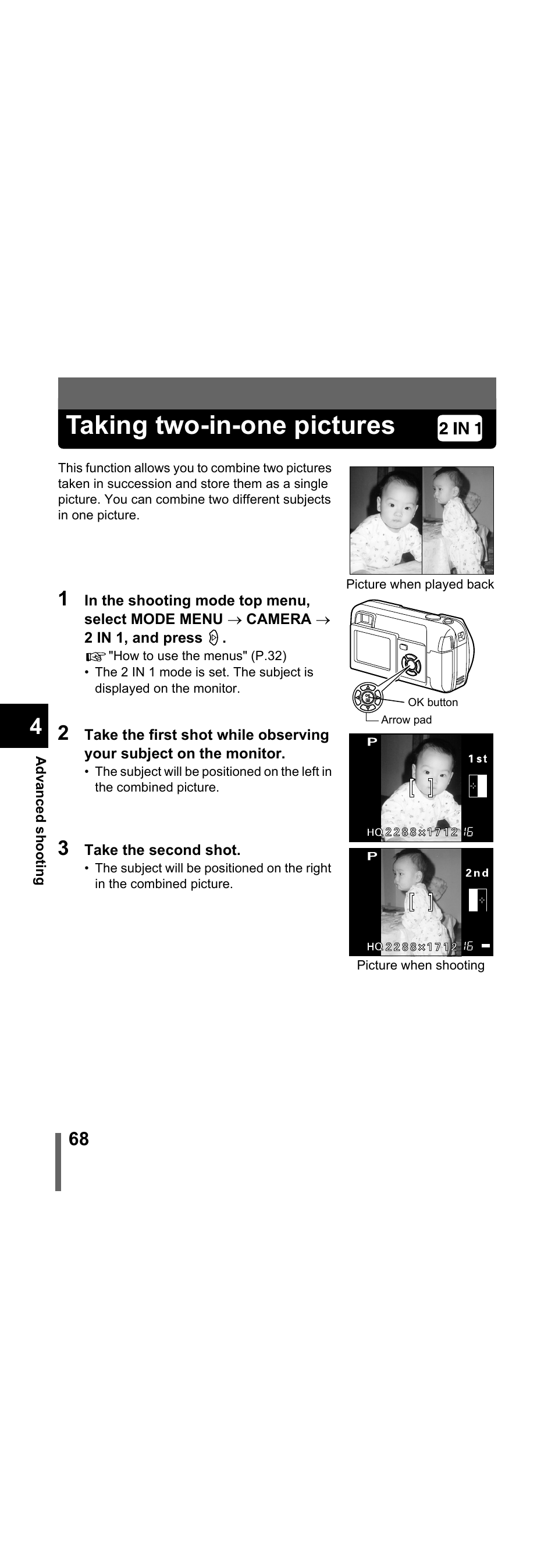 Taking two-in-one pictures, P.68 | Olympus X-300 EN User Manual | Page 69 / 171