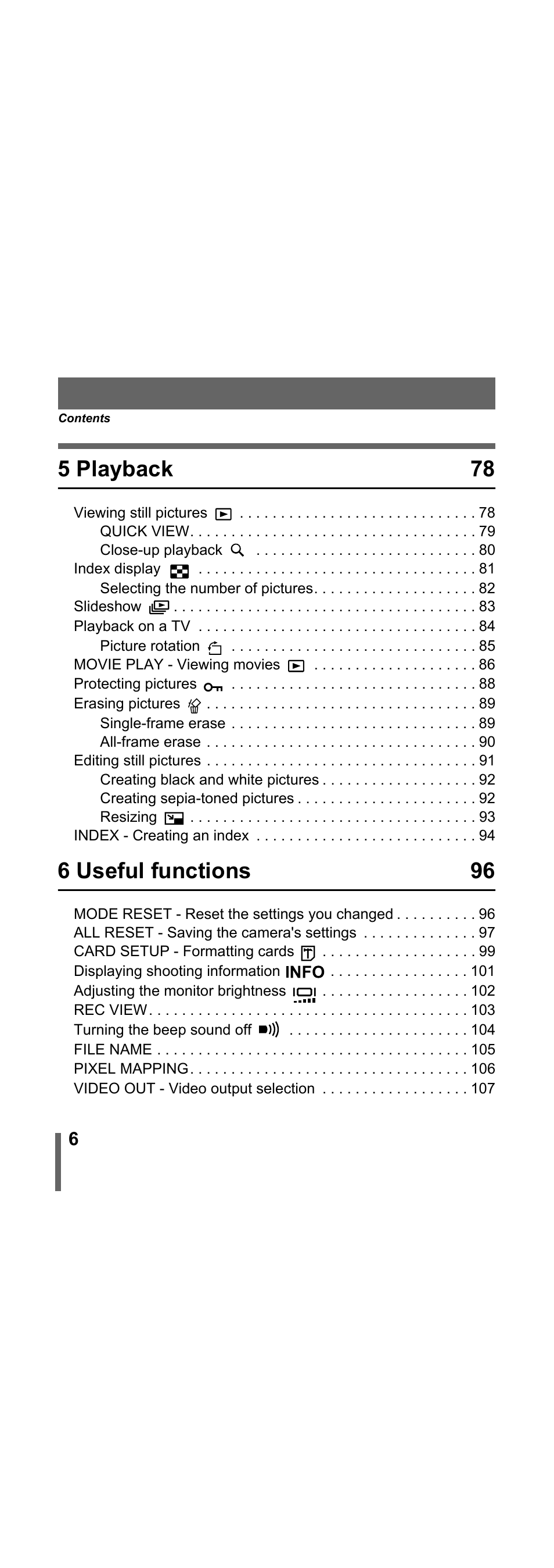 5 playback 78, 6 useful functions 96 | Olympus X-300 EN User Manual | Page 7 / 171