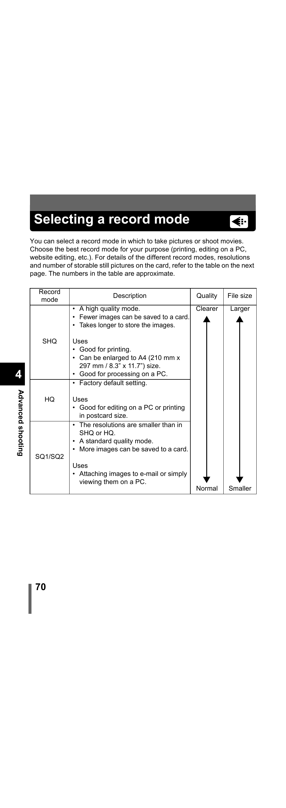Selecting a record mode, P.70, Es (p.70) | Olympus X-300 EN User Manual | Page 71 / 171