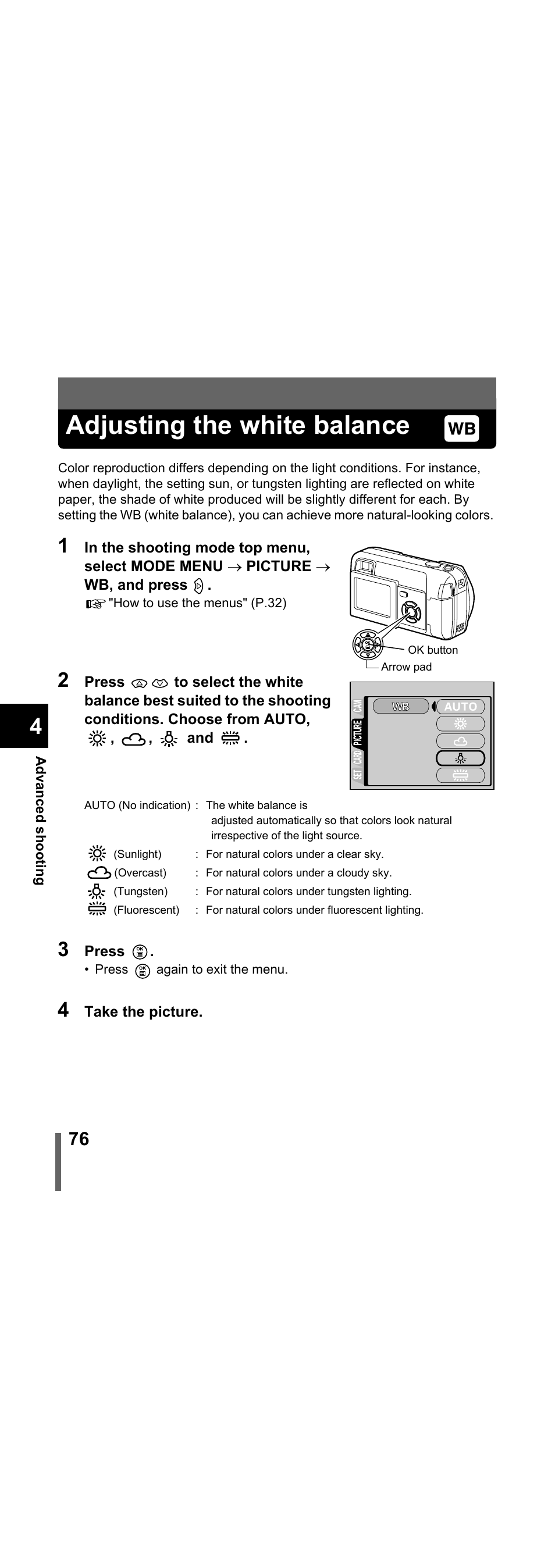 Adjusting the white balance, P.76 | Olympus X-300 EN User Manual | Page 77 / 171