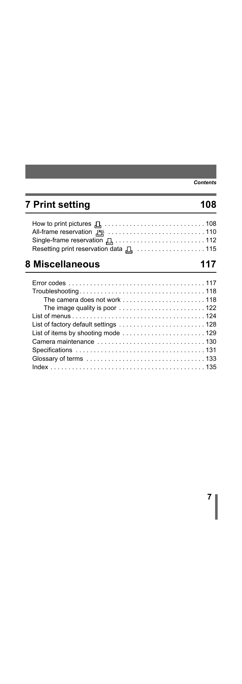 7 print setting 108, 8 miscellaneous 117 | Olympus X-300 EN User Manual | Page 8 / 171