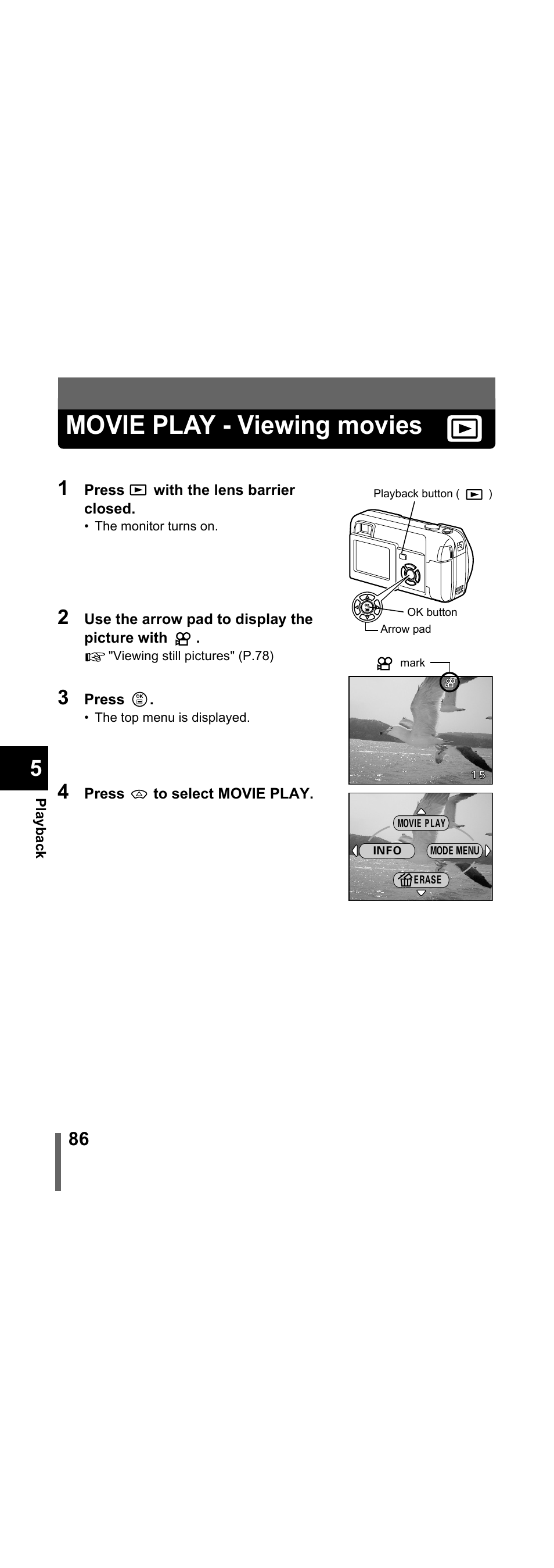 Movie play - viewing movies, P.86 | Olympus X-300 EN User Manual | Page 87 / 171