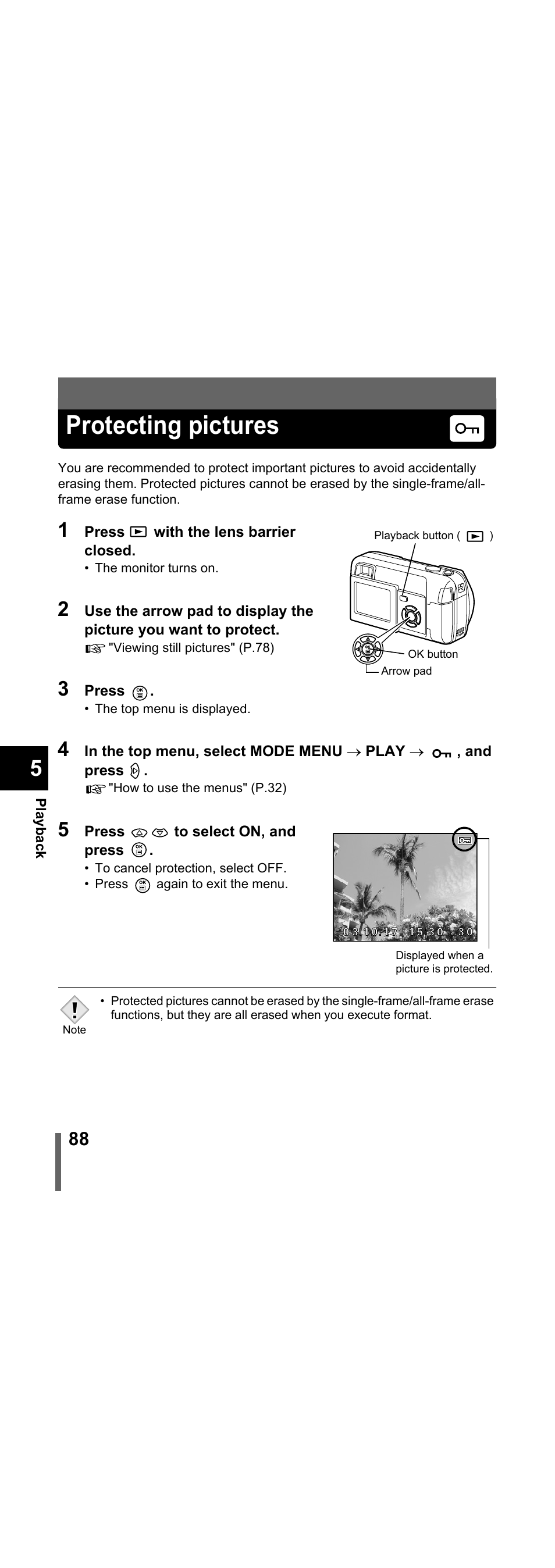 Protecting pictures, P.88 | Olympus X-300 EN User Manual | Page 89 / 171