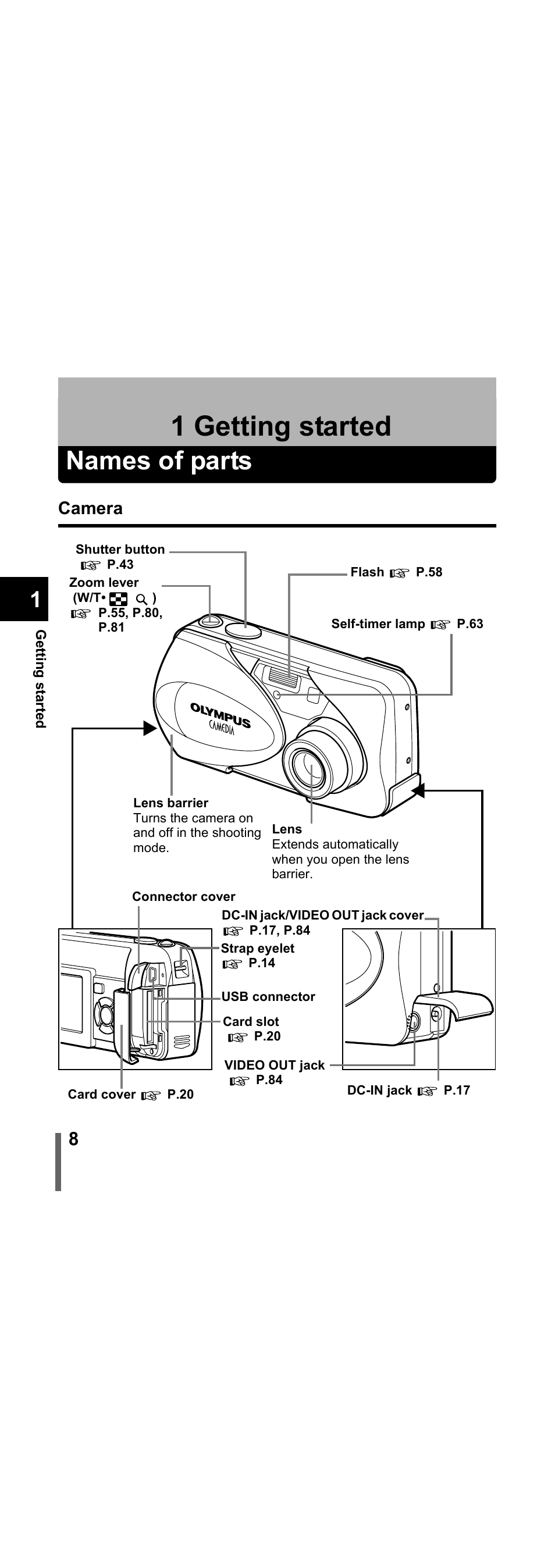 1 getting started, Names of parts, Camera | Getting started | Olympus X-300 EN User Manual | Page 9 / 171