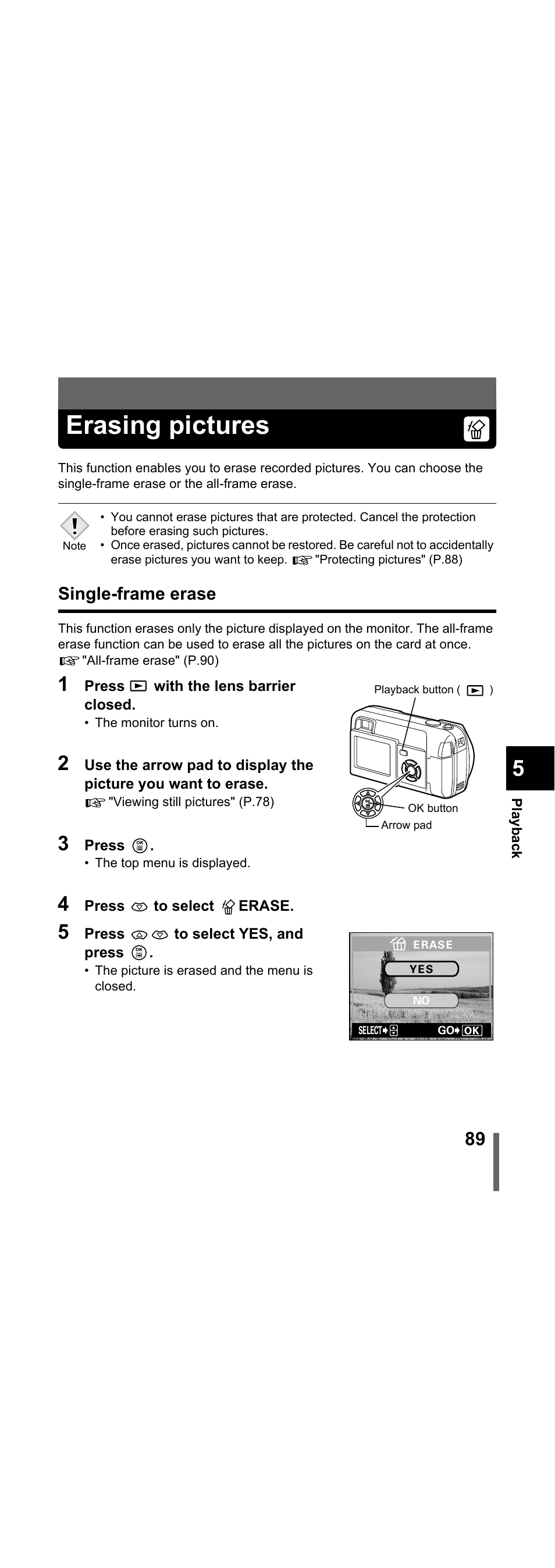 Erasing pictures, Single-frame erase, P.89 | Olympus X-300 EN User Manual | Page 90 / 171