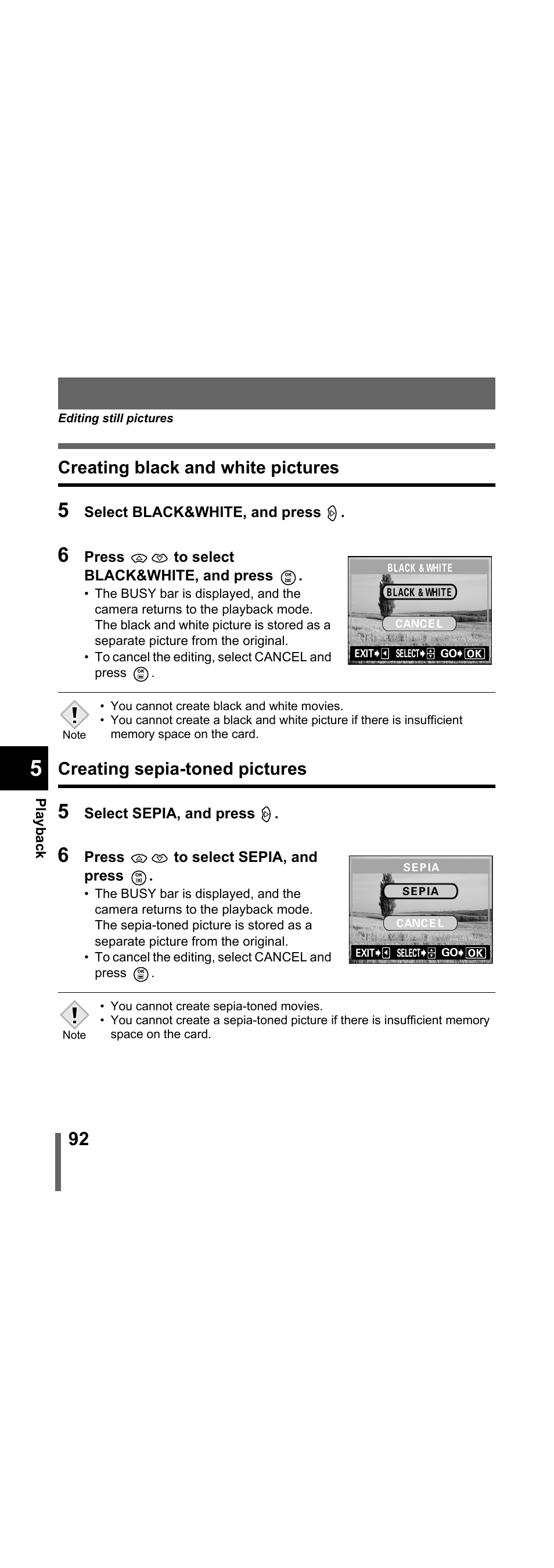 Creating black and white pictures, Creating sepia-toned pictures, P.92 | P.92) | Olympus X-300 EN User Manual | Page 93 / 171