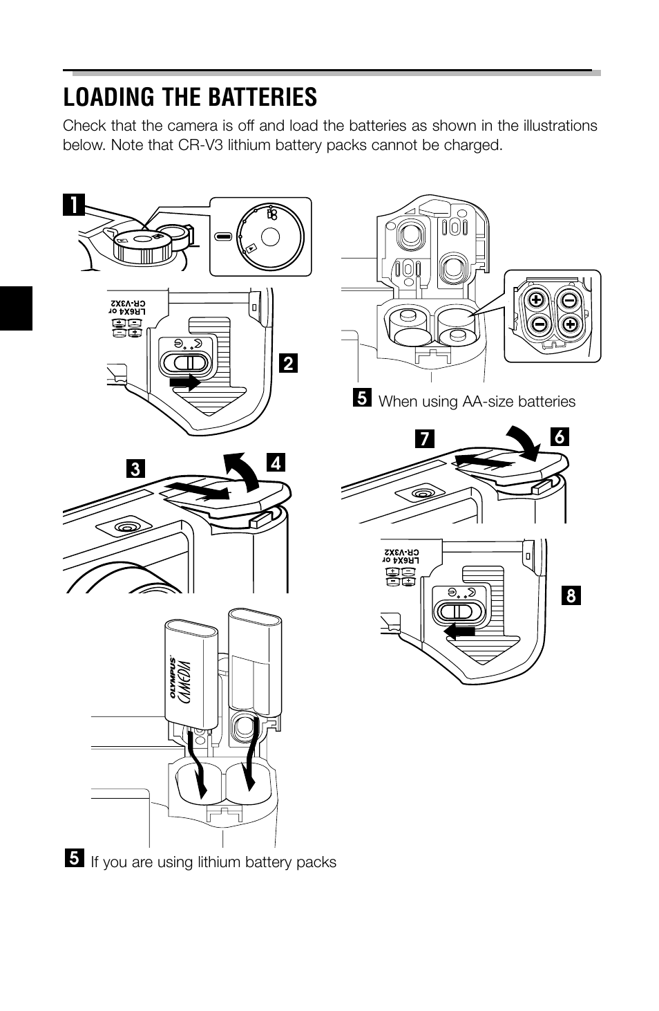 Loading the batteries, When using aa-size batteries, If you are using lithium battery packs | Olympus C-2040ZOOM User Manual | Page 12 / 148