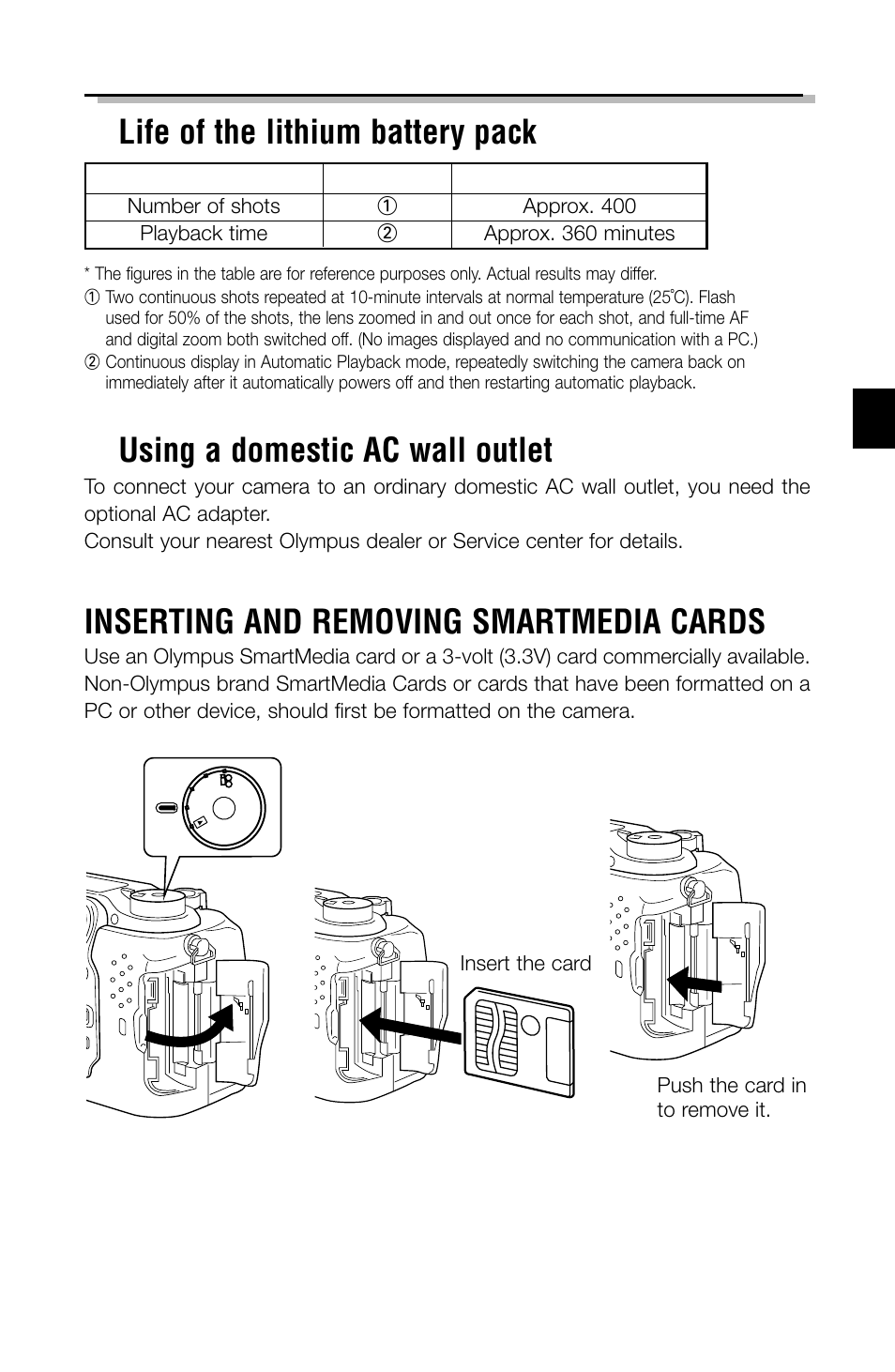 Inserting and removing smartmedia cards, Insert the card push the card in to remove it | Olympus C-2040ZOOM User Manual | Page 13 / 148