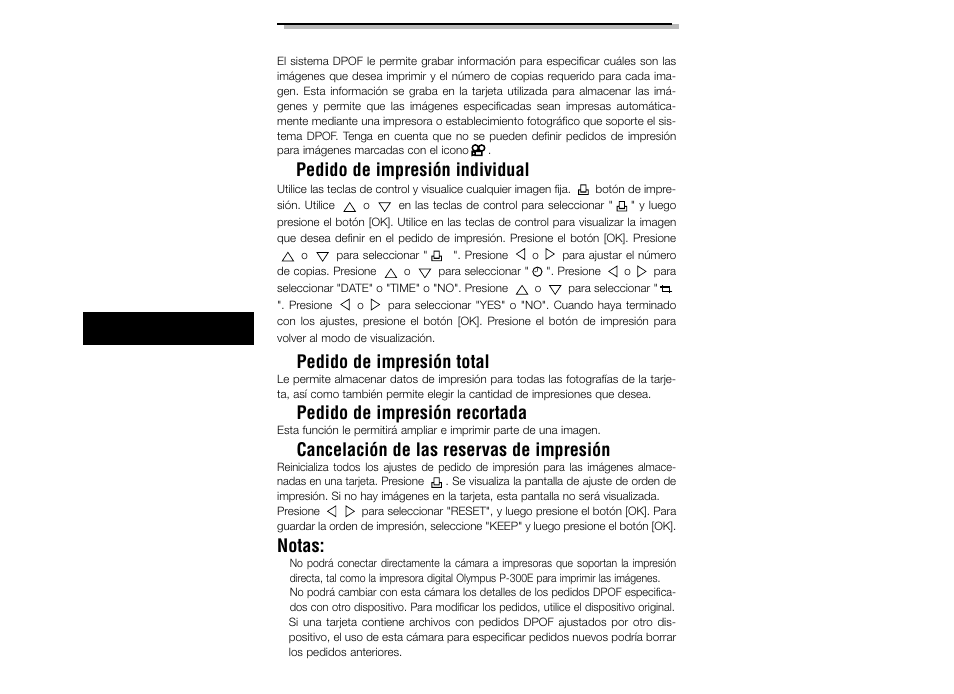 Impresión de fotografías, Pedido de impresión individual, Pedido de impresión total | Pedido de impresión recortada, Cancelación de las reservas de impresión, Notas | Olympus C-2040ZOOM User Manual | Page 140 / 148