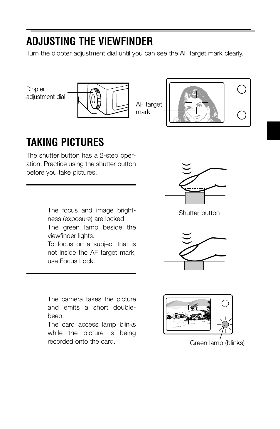 Adjusting the viewfinder, Taking pictures | Olympus C-2040ZOOM User Manual | Page 19 / 148