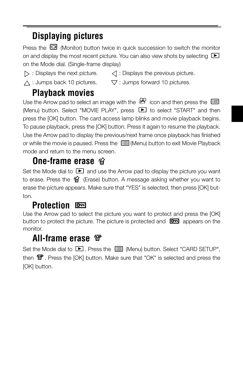 Displaying pictures, Playback movies, One-frame erase | Protection, All-frame erase | Olympus C-2040ZOOM User Manual | Page 21 / 148