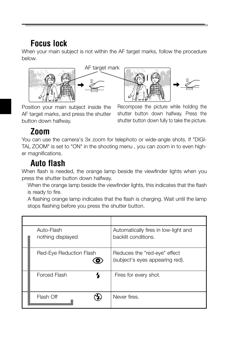 Recording functions ■ focus lock, Zoom, Auto flash | Olympus C-2040ZOOM User Manual | Page 22 / 148