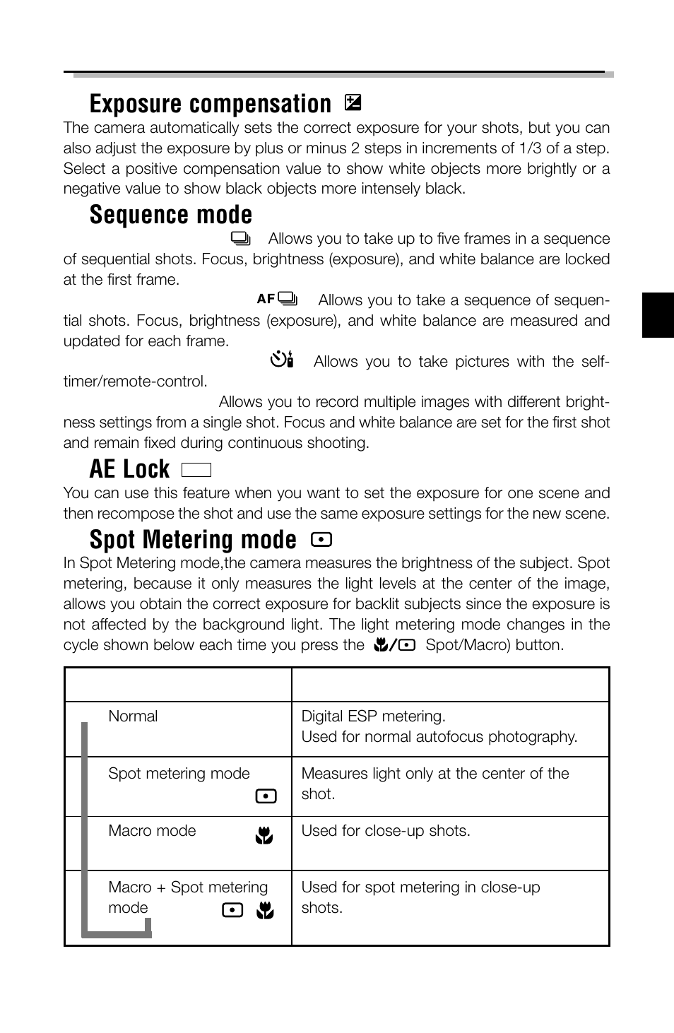 Exposure compensation, Sequence mode, Ae lock | Spot metering mode | Olympus C-2040ZOOM User Manual | Page 23 / 148