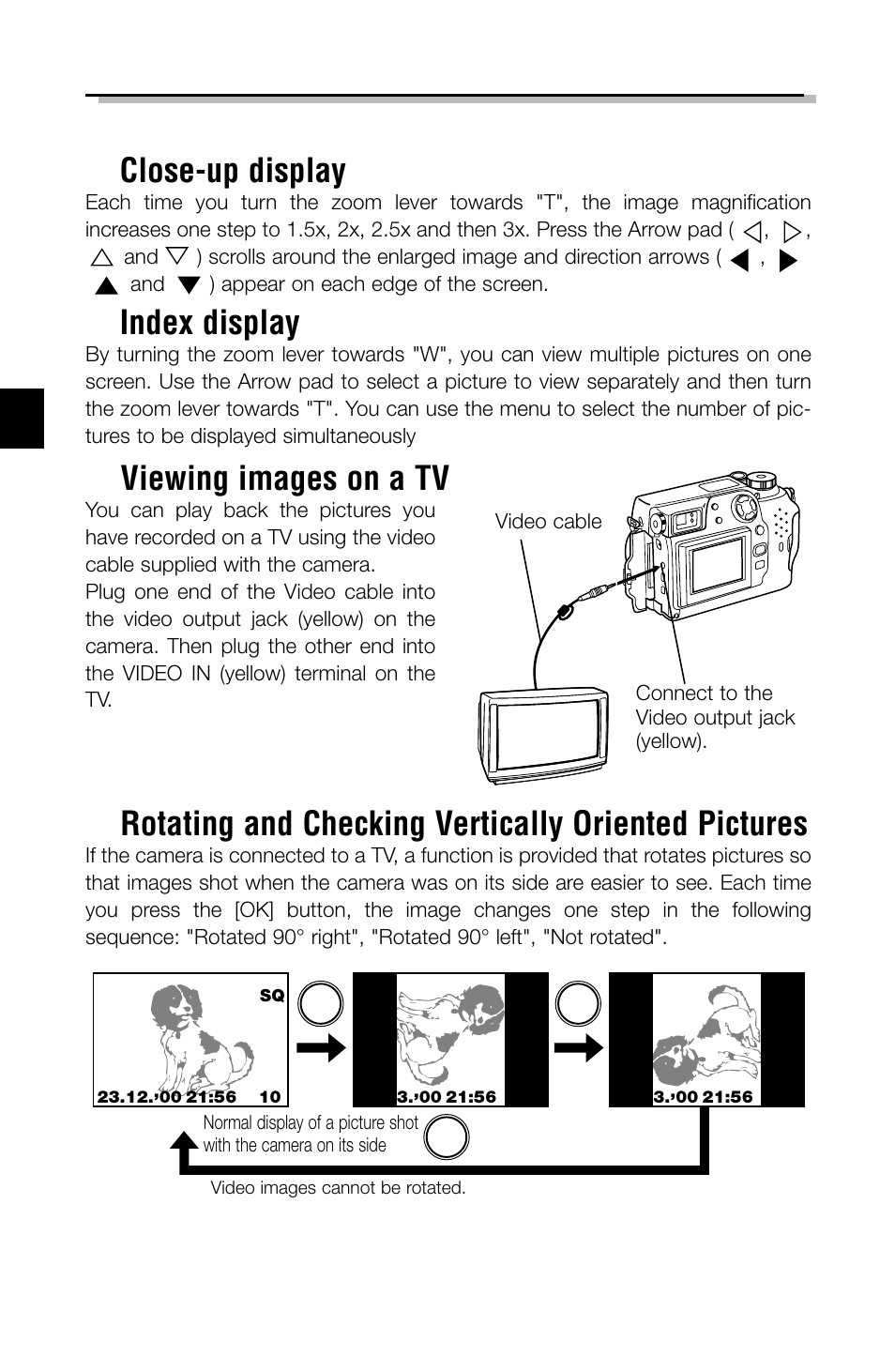 Rotating and checking vertically oriented pictures, Viewing images on a tv, Playback functions ■ close-up display | Index display | Olympus C-2040ZOOM User Manual | Page 24 / 148