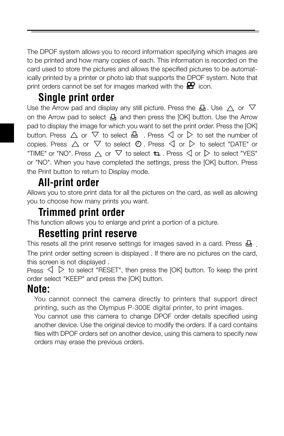 Printing pictures, Single print order, All-print order | Trimmed print order, Resetting print reserve | Olympus C-2040ZOOM User Manual | Page 32 / 148